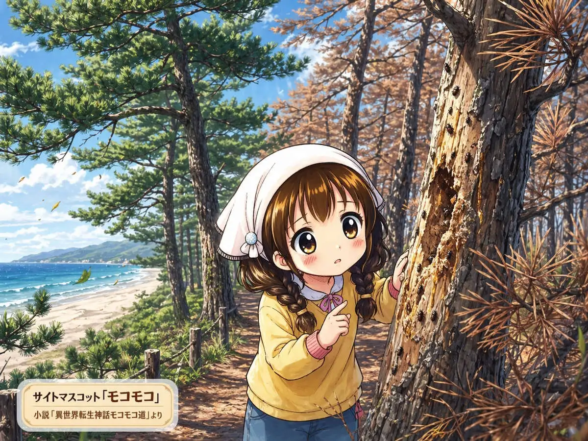 松くい虫で松林が被害を受け悲しむモコモコ