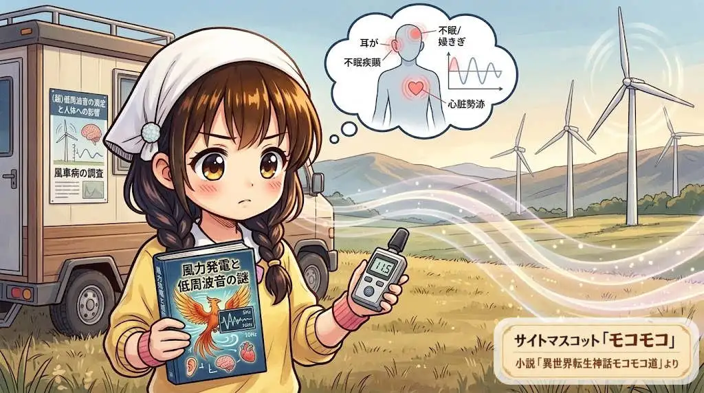 風力発電と「風車病」を調査するモコモコ